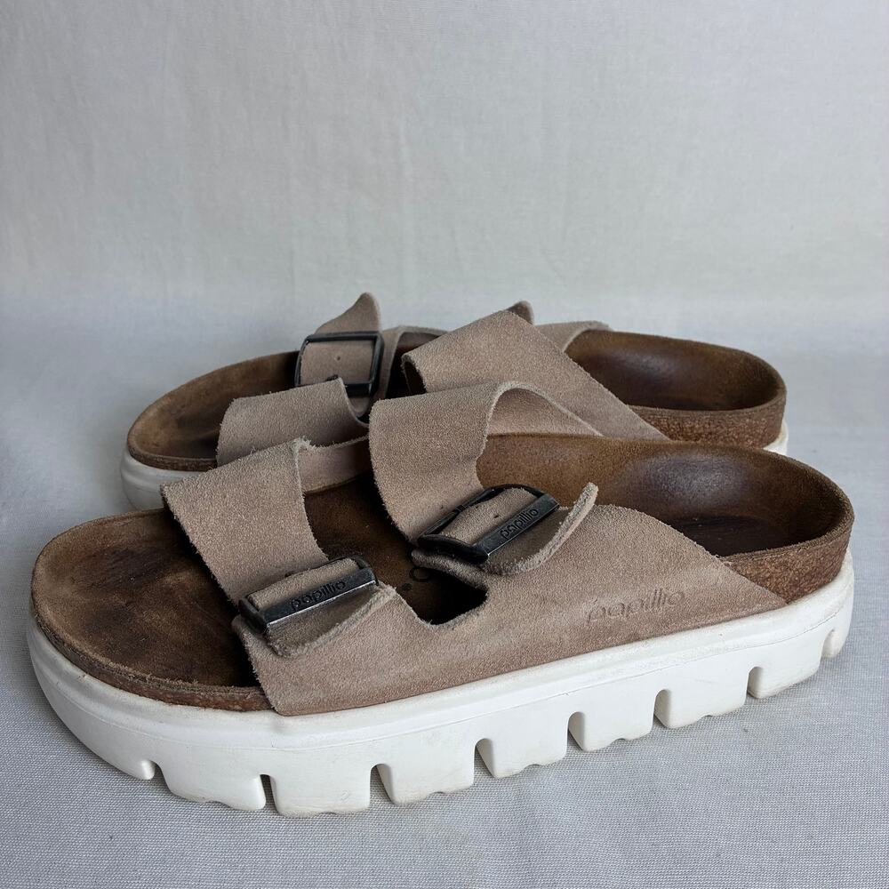 Papillio Birkenstock Arizona Chunky Platform Suede Sandals Taupe Beige Size 38/7